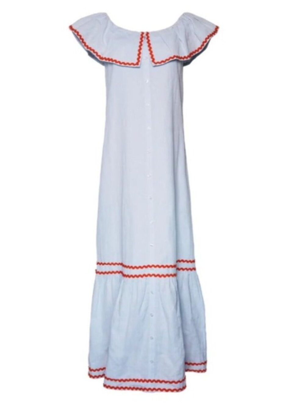 MASON'S DAUGHTER Off  Shoulder Dress, Sky Blue ,Orange Ric Rac Size Large